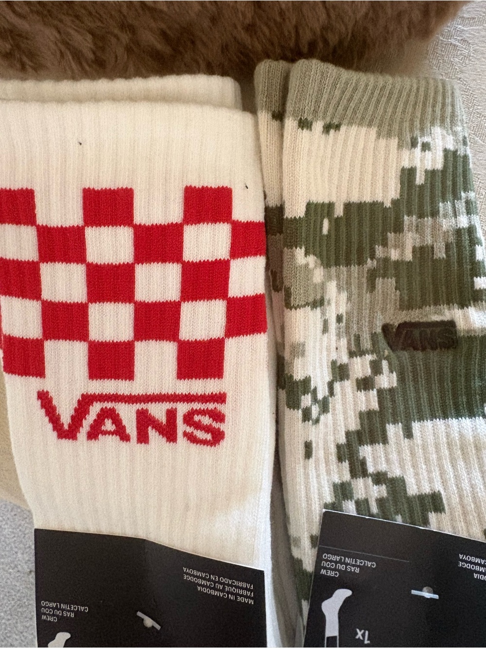 Vans Two-Pack Crew Socks - White with Blue Checker & White with Olive Camo